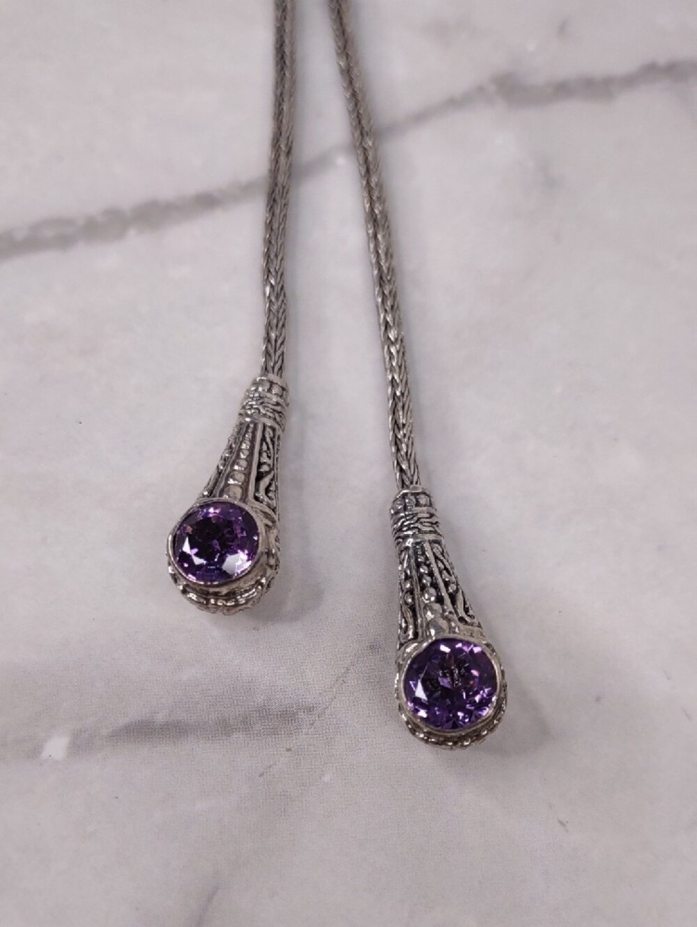 Sterling Silver Lariat Necklace w/Amethyst Gemstone Drops